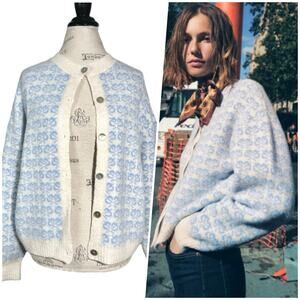 Zara Light Blue and Cream Floral Knit Cardigan
